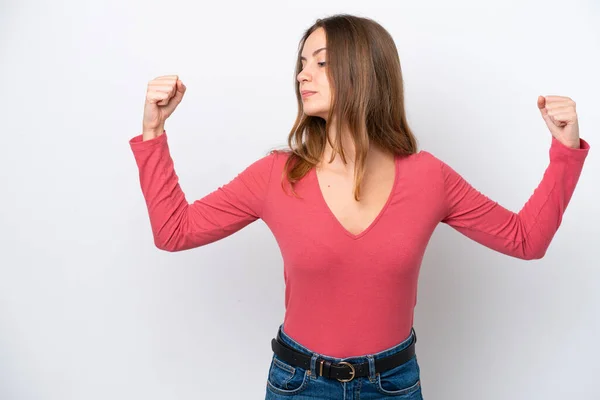 Jovem Mulher Caucasiana Isolado Fundo Branco Fazendo Gesto Forte — Fotografia de Stock