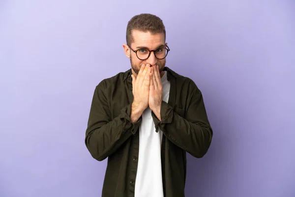 Young Handsome Caucasian Man Isolated Purple Background Happy Smiling Covering — Stock Photo, Image