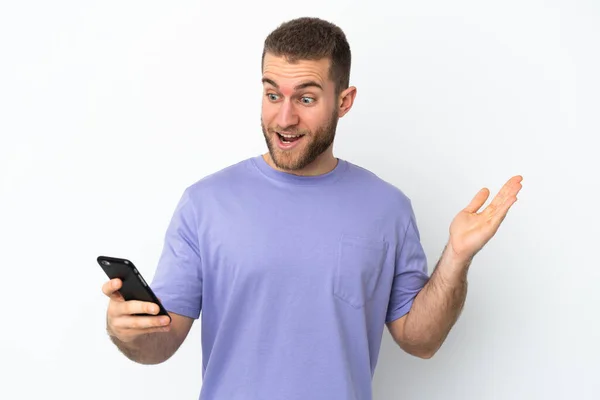 Young Handsome Caucasian Man Isolated White Background Looking Camera While — Stock Photo, Image