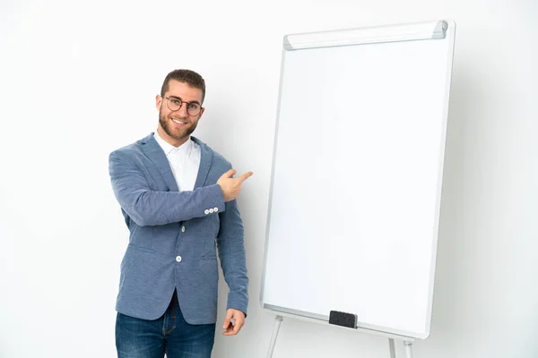 Young Business Woman Giving Presentation White Board Isolated White Background — Stock Photo, Image