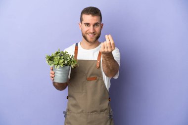 Bahçıvan beyaz bir adam sarı arka planda izole bir bitki tutuyor para hareketi yapıyor.