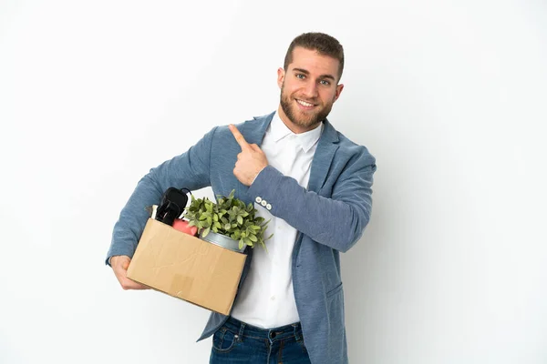 Young Caucasian Making Move While Picking Box Full Things Isolated — Stock Photo, Image