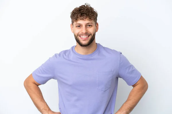 Young Handsome Caucasian Man Isolated White Background Posing Arms Hip — Stock Photo, Image