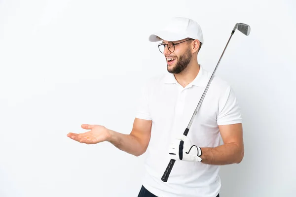 Guapo Joven Jugando Golf Aislado Sobre Fondo Blanco Con Expresión —  Fotos de Stock
