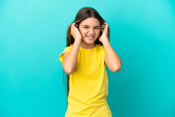 Little Girl Isolated Blue Background Frustrated Covering Ears — Stock Photo, Image