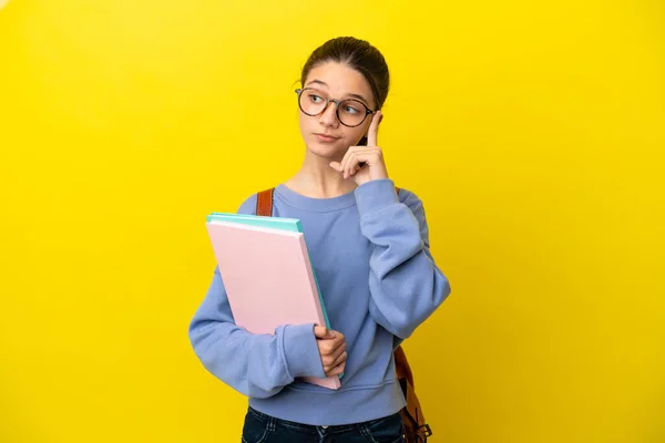 Student Kid Woman Isolated Yellow Background Thinking Idea — Stock Photo, Image
