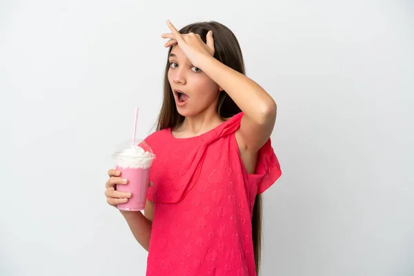 Little Girl Strawberry Milkshake Isolated White Background Doing Surprise Gesture — ストック写真