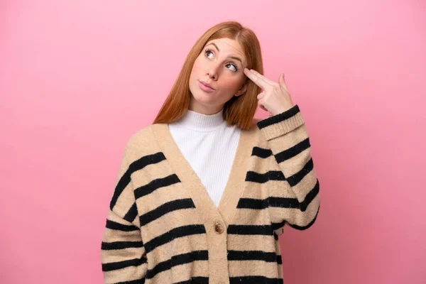Young Redhead Woman Isolated Pink Background Problems Making Suicide Gesture — Stock Photo, Image