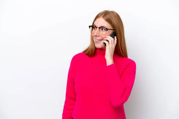 Jeune Rousse Femme Isolée Sur Fond Blanc Garder Une Conversation — Photo