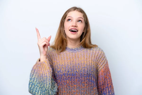 Teenager Rusky Dívka Izolované Bílém Pozadí Ukazuje Nahoru Překvapené — Stock fotografie