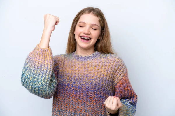 Adolescente Rusa Chica Aislada Sobre Fondo Blanco Celebrando Una Victoria —  Fotos de Stock