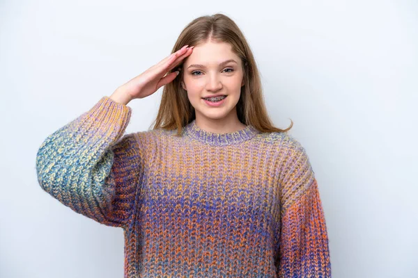 Adolescente Russe Fille Isolée Sur Fond Blanc Saluant Avec Main — Photo
