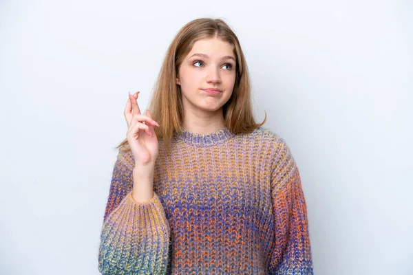 Adolescente Russo Menina Isolada Fundo Branco Com Dedos Cruzando Desejando — Fotografia de Stock