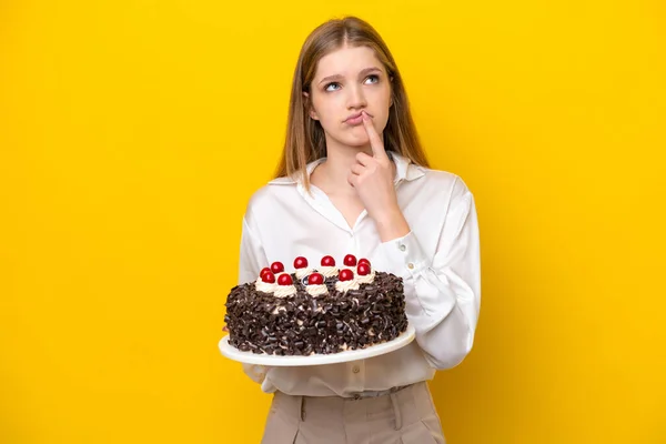 Teenager Russian Girl Holding Birthday Cake Isolated Yellow Background Having — Stock Photo, Image