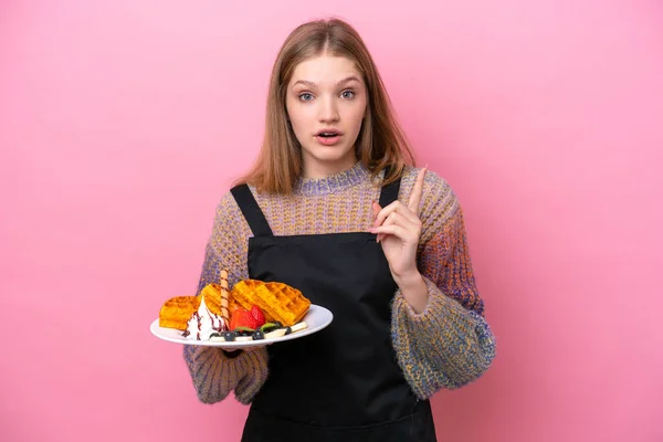 Teenager Russian Girl Holding Waffles Isolated Pink Background Intending Realizes — Stock Photo, Image