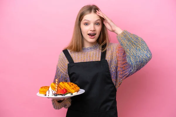 Teenager Russian Girl Holding Waffles Isolated Pink Background Surprise Expression — Stock Photo, Image