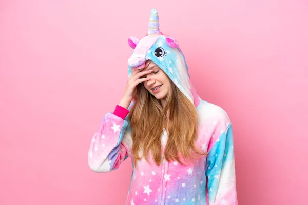 Teenager Russian Girl Unicorn Pajamas Isolated Pink Background Laughing — Stock Photo, Image