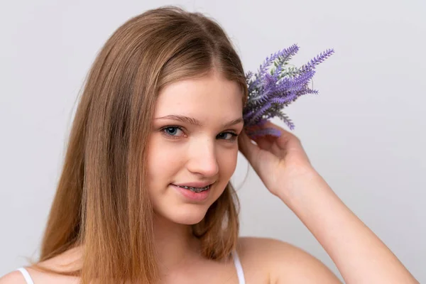 Teenager Russian Girl Isolated White Background Holding Lavender Plant Close — Stock Photo, Image