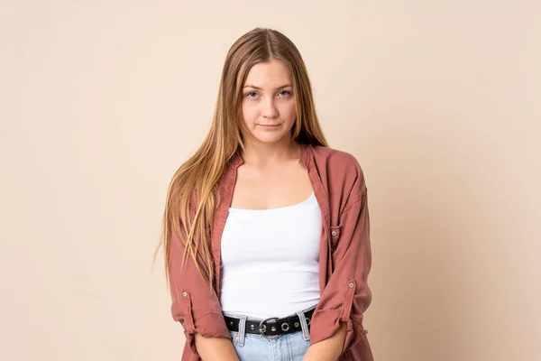 Teenager Ukrainian Girl Isolated Beige Background Sad Expression — Stock Photo, Image