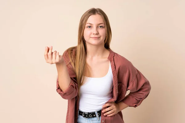 Teenager Ουκρανικό Κορίτσι Απομονώνονται Μπεζ Φόντο Κάνοντας Ιταλική Χειρονομία — Φωτογραφία Αρχείου