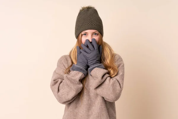 Teenager Ukrainian Girl Winter Hat Isolated Beige Background Surprise Facial — Stock Photo, Image