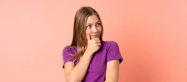 Teenager Ukrainian Girl Isolated Pink Background Thinking Idea While Looking — Stock Photo, Image