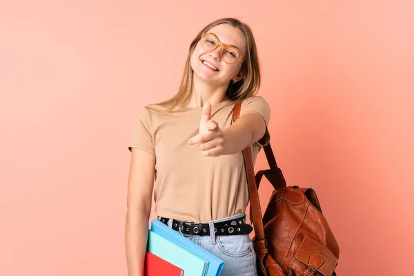 Adolescente Estudante Ucraniano Menina Isolada Rosa Pontos Fundo Dedo Você — Fotografia de Stock