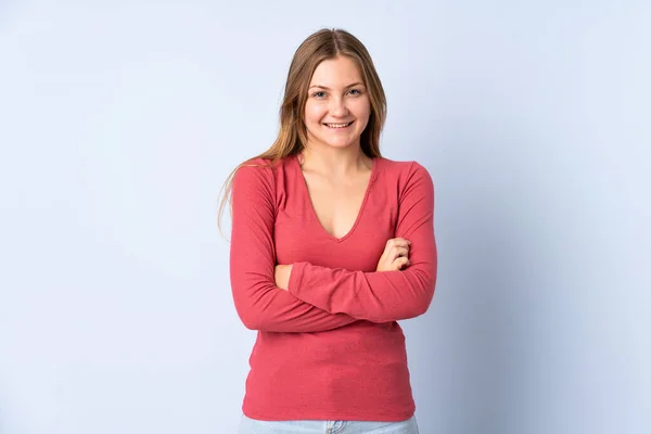 Teenager Ukrainian Girl Isolated Blue Background Keeping Arms Crossed Frontal — Stock Photo, Image