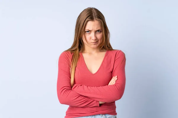 Teenager Ukrainian Girl Isolated Blue Background Unhappy Expression — Stock Photo, Image