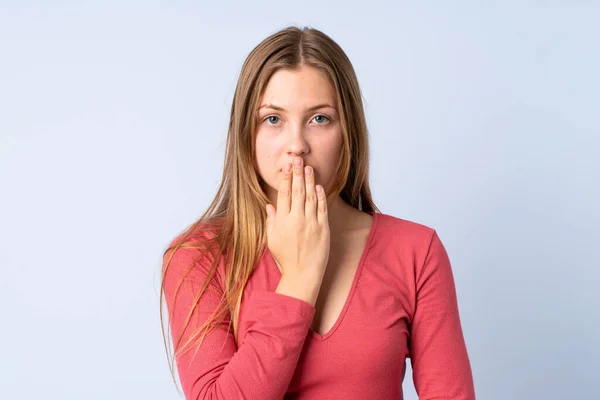 Teenager Ukrainian Girl Isolated Blue Background Covering Mouth Hand — Stock Photo, Image