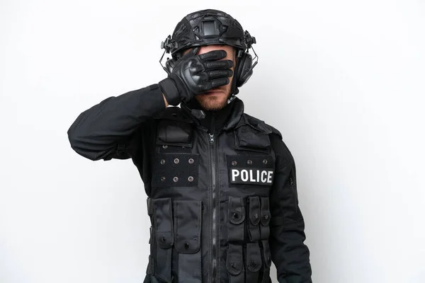 Brazilian Soldier Man Isolated White Background Covering Eyes Hands Want — Stock Photo, Image