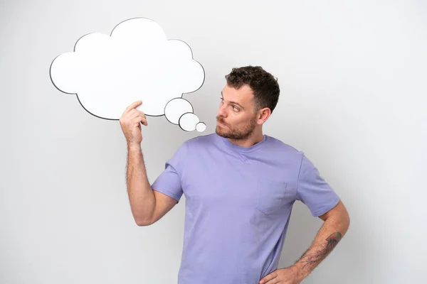 Young Brazilian Man Isolated White Background Holding Thinking Speech Bubble — Stock Photo, Image