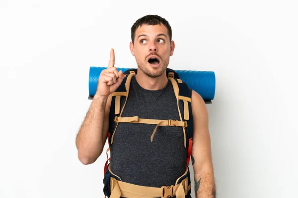 Homme Alpiniste Brésilien Avec Grand Sac Dos Sur Fond Blanc — Photo