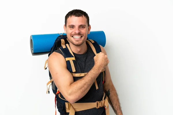 Brasileiro Montanhista Homem Com Uma Grande Mochila Sobre Fundo Branco — Fotografia de Stock