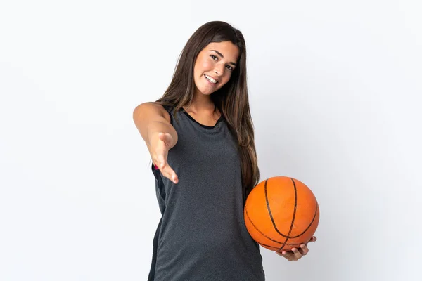 Jeune Femme Brésilienne Jouant Basket Isolé Sur Fond Blanc Serrant — Photo