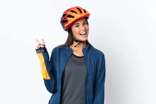 Junge Radfahrerin Brasilianisches Mädchen Isoliert Auf Weißem Hintergrund Lächelnd Und — Stockfoto