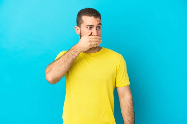 Young Handsome Caucasian Man Isolated Blue Background Doing Surprise Gesture — Stock Photo, Image