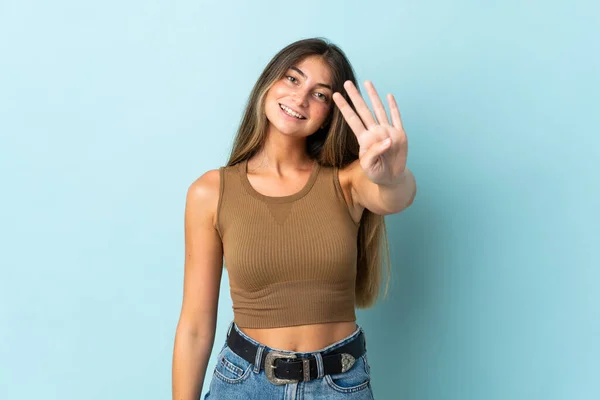 Young Caucasian Woman Isolated Blue Background Happy Counting Four Fingers — Stock Photo, Image