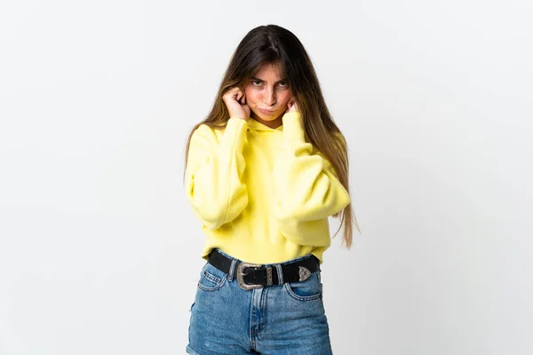 Young Caucasian Woman Isolated White Background Frustrated Covering Ears — Stock Photo, Image