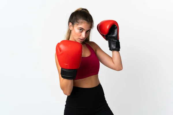 Jovem Caucasiana Isolada Fundo Branco Com Luvas Boxe — Fotografia de Stock