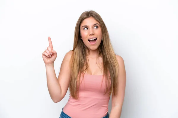 Mujer Caucásica Joven Aislada Suelo Bakcground Blanco Con Intención Realizar —  Fotos de Stock