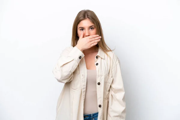 Junge Kaukasische Frau Isoliert Auf Weißem Bakkgrund Der Mund Mit — Stockfoto