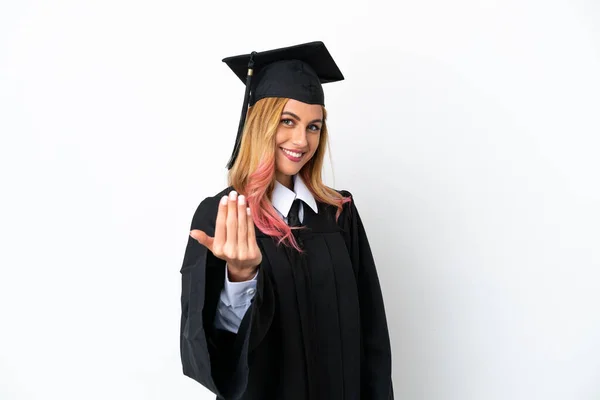 Młody Absolwent Uniwersytetu Odosobnionym Białym Tle Zapraszając Ręki Cieszę Się — Zdjęcie stockowe