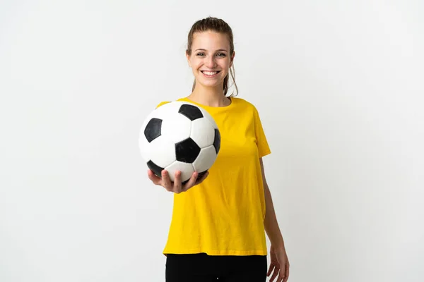 Mujer Joven Caucásica Aislada Sobre Fondo Blanco Con Pelota Fútbol —  Fotos de Stock