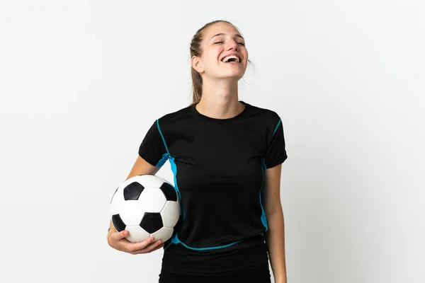 Genç Futbolcu Kadın Beyaz Arka Planda Izole Edilmiş Gülüyor — Stok fotoğraf
