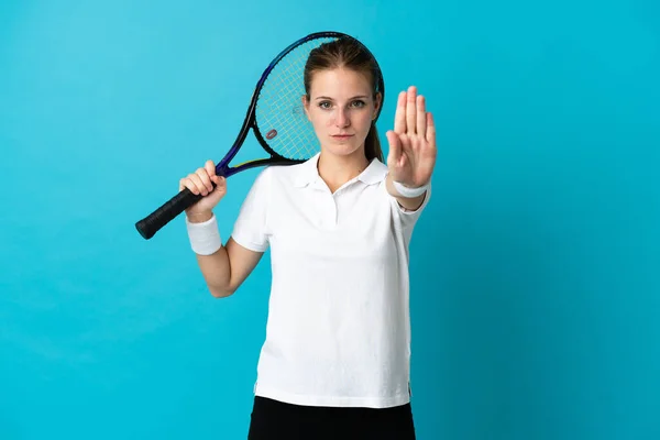 Young Woman Tennis Player Isolated Blue Background Making Stop Gesture — Stock Photo, Image