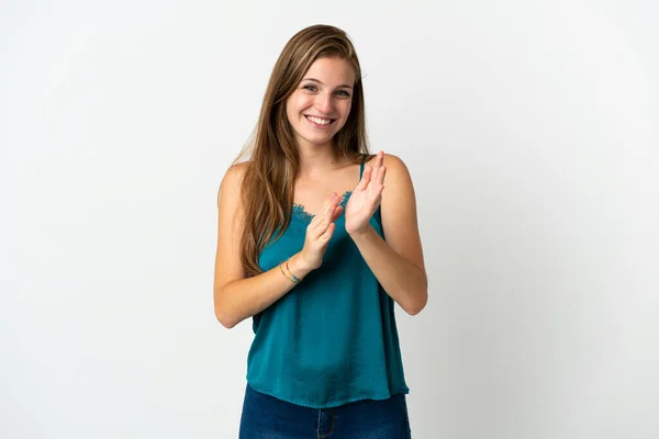 Giovane Donna Caucasica Sfondo Isolato Applaudendo Dopo Presentazione Una Conferenza — Foto Stock