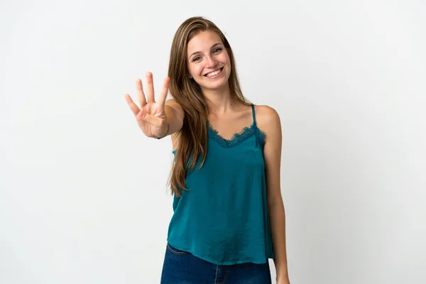 Молодая Белая Женщина Изолированном Фоне Счастлива Считает Четверых Пальцами — стоковое фото