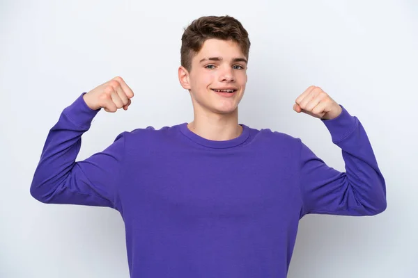 Tonåring Rysk Man Isolerad Vit Bakgrund Gör Stark Gest — Stockfoto