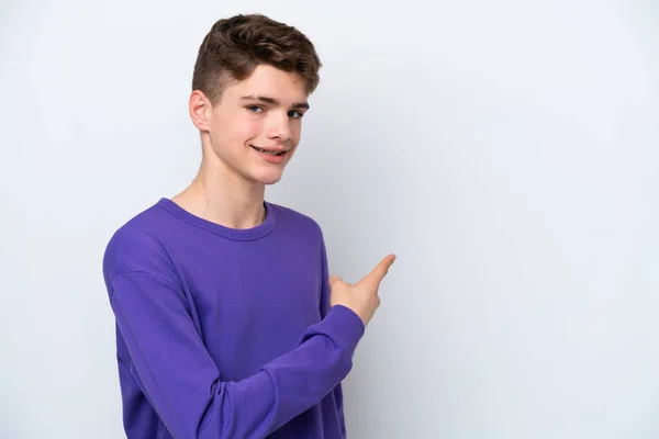 Adolescent Russe Homme Isolé Sur Blanc Fond Pointant Vers Arrière — Photo
